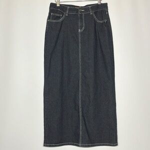 NWOT long, black blue jeans skirt split up the back